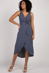 Navy Striped Hi-Low Wrap Dress
