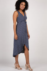 Navy Striped Hi-Low Wrap Dress