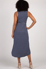 Navy Striped Hi-Low Wrap Dress