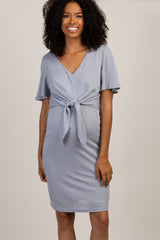 Grey Short Sleeve Tie Front Maternity Dress