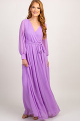 Lavender Chiffon Long Sleeve Pleated Maternity Maxi Dress