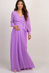 Lavender Chiffon Long Sleeve Pleated Maternity Maxi Dress