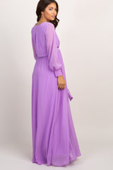 Lavender Chiffon Long Sleeve Pleated Maternity Maxi Dress