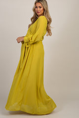 PinkBlush Yellow Chiffon Long Sleeve Pleated Maternity Maxi Dress