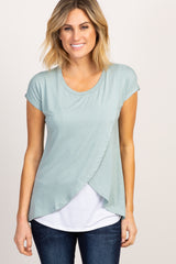 Sage Green Layered Wrap Front Maternity/Nursing Top