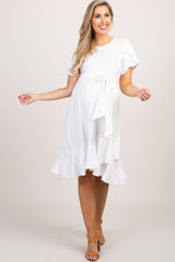 Ivory Solid Flounce Trim Maternity Dress