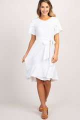Ivory Solid Flounce Trim Maternity Dress