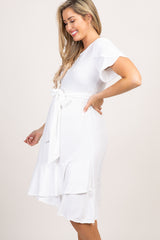 Ivory Solid Flounce Trim Maternity Dress