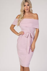 PinkBlush Light Pink Folded Off Shoulder Belted Fitted Dress