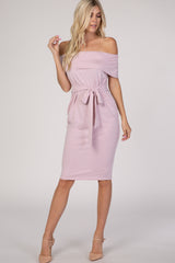 PinkBlush Light Pink Folded Off Shoulder Belted Fitted Maternity Dress