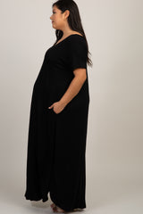 Black Short Sleeve Round Hem Maternity Plus Maxi Dress