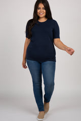 Navy Blue Solid Short Sleeve Plus Top
