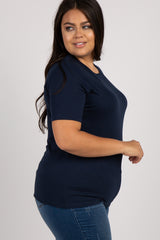 Navy Blue Solid Short Sleeve Plus Top