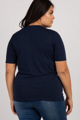 Navy Blue Solid Short Sleeve Plus Top