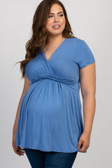 Blue Draped Front Plus Maternity/Nursing Top