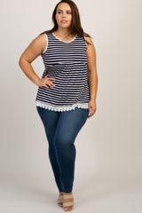 Navy Blue Striped Crochet Trim Plus Tank Top
