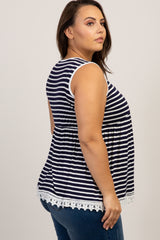 Navy Blue Striped Crochet Trim Plus Tank Top