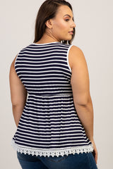 Navy Blue Striped Crochet Trim Plus Tank Top