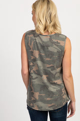 Camo Print Sleeveless Caged Neck Top