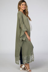 Olive Solid Scalloped Embroidered Lace Maternity Cardigan