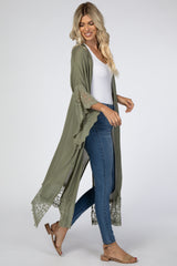 Olive Solid Scalloped Embroidered Lace Cardigan