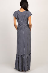 Navy Striped Ruffle Trim Maternity Maxi Dress