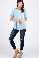 Light Blue Striped Ruffle Sleeve Top