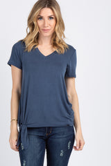 Blue Short Sleeve Knotted Hem Maternity Top