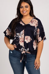 Black Floral Button Tie Front Plus Maternity Top