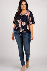 Black Floral Button Tie Front Plus Top