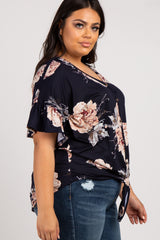 Black Floral Button Tie Front Plus Top