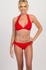 Red Solid Scalloped Maternity Bikini Set