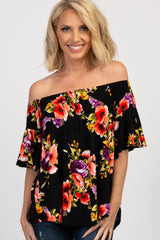 Black Floral Off Shoulder Ruffle Maternity Top