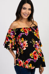 Black Floral Off Shoulder Ruffle Maternity Top