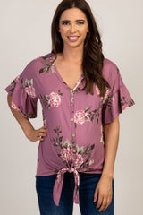 Mauve Peony Floral Button Tie Front Maternity Top