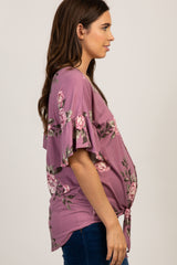 Mauve Peony Floral Button Tie Front Maternity Top