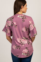 Mauve Peony Floral Button Tie Front Maternity Top
