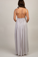Silver Crochet Front Open Back Maternity Maxi Dress
