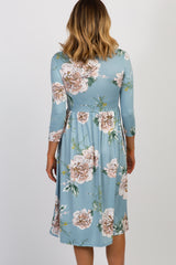 Light Blue Floral 3/4 Sleeve Midi Dress