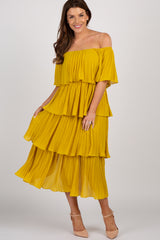 Yellow Solid Off Shoulder Pleated Ruffle Midi Dress