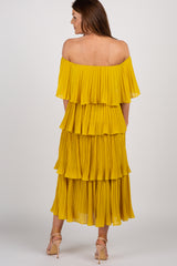 Yellow Solid Off Shoulder Pleated Ruffle Midi Dress