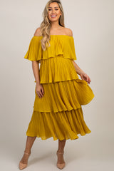 Yellow Solid Off Shoulder Pleated Ruffle Maternity Midi Dress