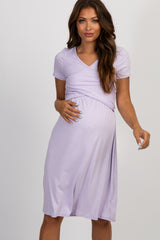 Lavender Wrap Front Short Sleeve Maternity Dress