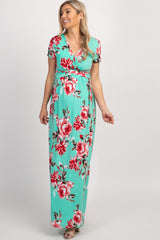 PinkBlush Mint Floral Draped Maternity Nursing Maxi Dress