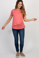 PinkBlush Coral Striped Layered Wrap Front Maternity Nursing Top