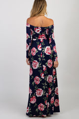 PinkBlush Navy Blue Floral Off Shoulder Maternity Maxi Dress