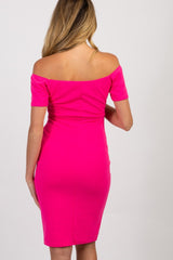 PinkBlush Fuchsia Solid Off Shoulder Maternity Fitted Dress