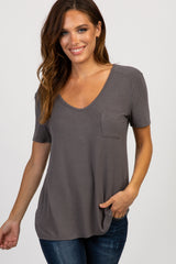 Charcoal Grey Scoop Neck Pocket Maternity Top