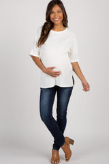 Ivory Solid Ribbed Short Sleeve Maternity Top
