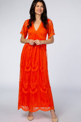 PinkBlush Neon Orange Lace Mesh Overlay Maxi Dress